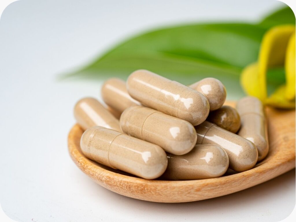 Botanical extracts and herbal supplement raw materials on wooden spoon